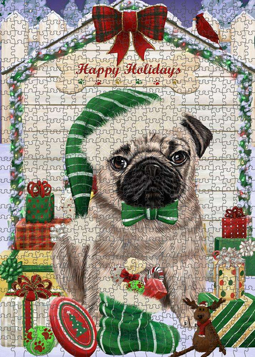 Happy Holidays Christmas Pug Dog House With Presents Puzzle with Photo Tin PUZL58530