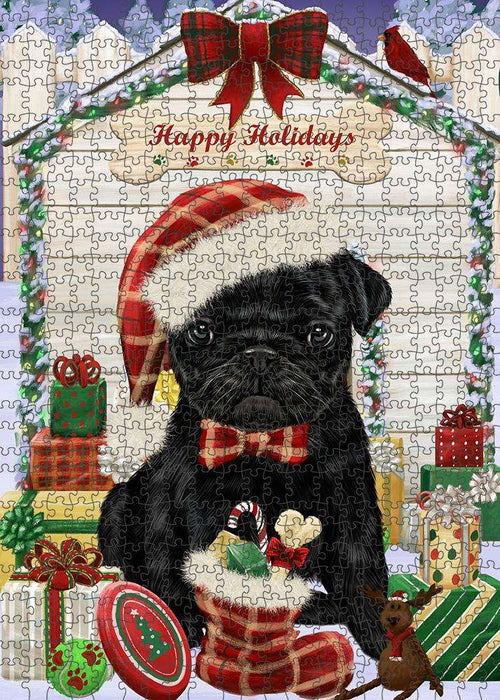 Happy Holidays Christmas Pug Dog House With Presents Puzzle with Photo Tin PUZL58533