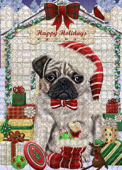 Happy Holidays Christmas Pug Dog House With Presents Puzzle with Photo Tin PUZL58536
