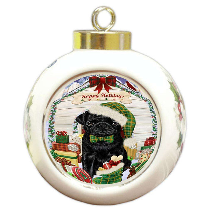 Happy Holidays Christmas Pug Dog House With Presents Round Ball Christmas Ornament RBPOR51480