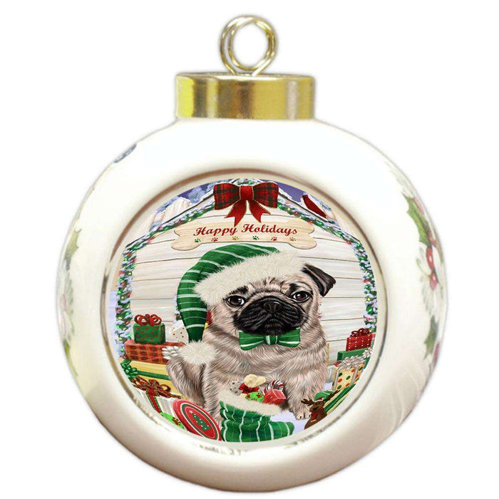Happy Holidays Christmas Pug Dog House With Presents Round Ball Christmas Ornament RBPOR51481