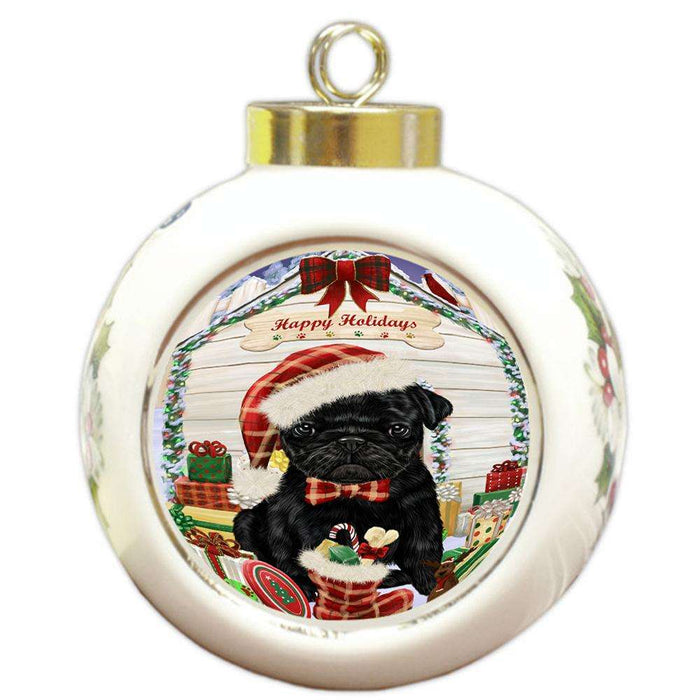Happy Holidays Christmas Pug Dog House With Presents Round Ball Christmas Ornament RBPOR51482