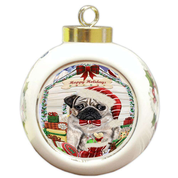 Happy Holidays Christmas Pug Dog House With Presents Round Ball Christmas Ornament RBPOR51483