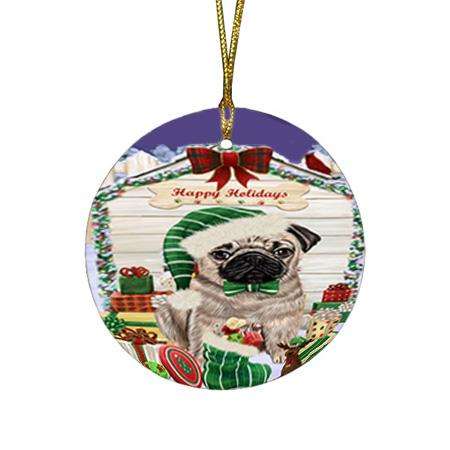 Happy Holidays Christmas Pug Dog House With Presents Round Flat Christmas Ornament RFPOR51472