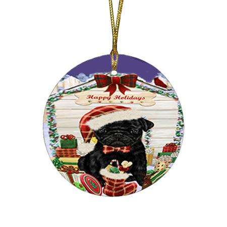 Happy Holidays Christmas Pug Dog House With Presents Round Flat Christmas Ornament RFPOR51473