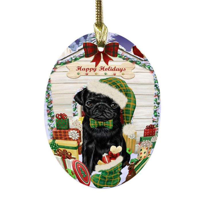 Happy Holidays Christmas Pug House With Presents Oval Glass Christmas Ornament OGOR49926