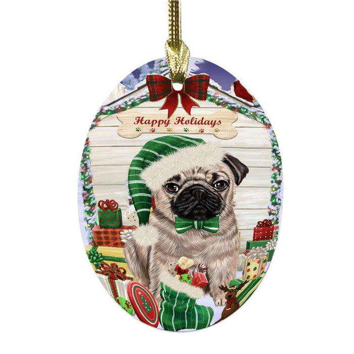 Happy Holidays Christmas Pug House With Presents Oval Glass Christmas Ornament OGOR49927