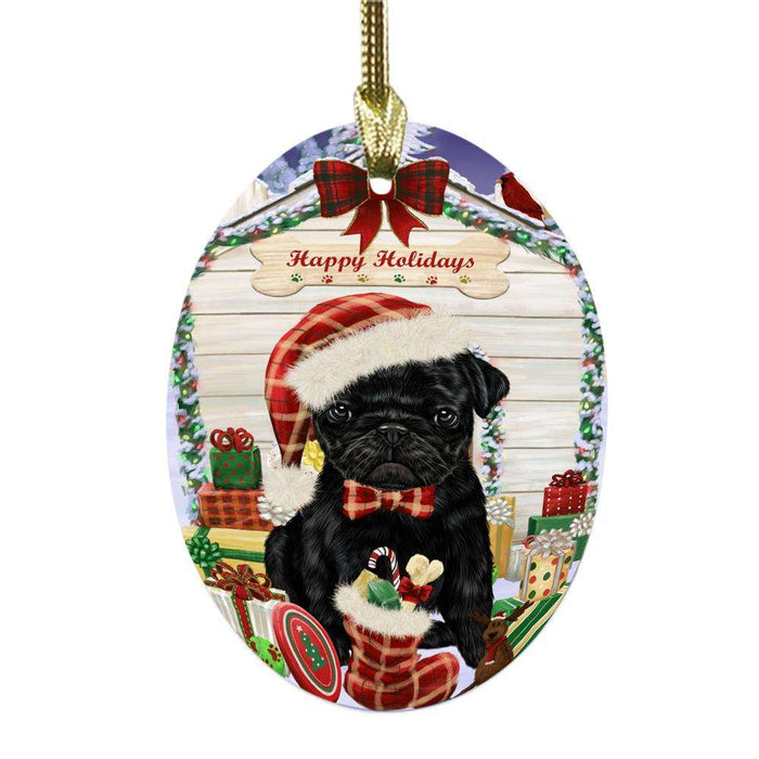 Happy Holidays Christmas Pug House With Presents Oval Glass Christmas Ornament OGOR49928