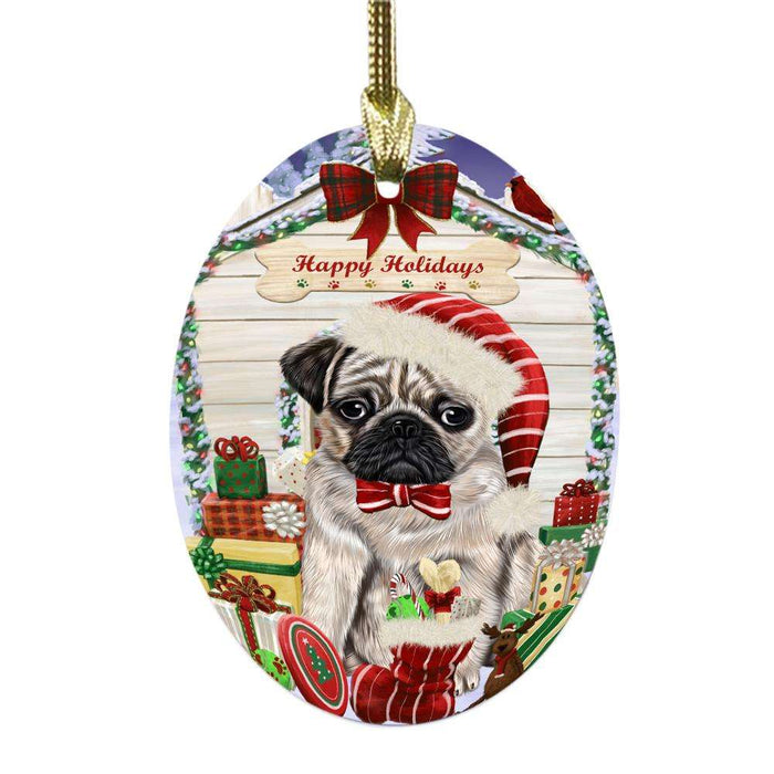 Happy Holidays Christmas Pug House With Presents Oval Glass Christmas Ornament OGOR49929