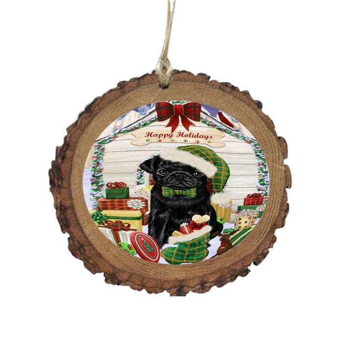 Happy Holidays Christmas Pug House With Presents Wooden Christmas Ornament WOR49926