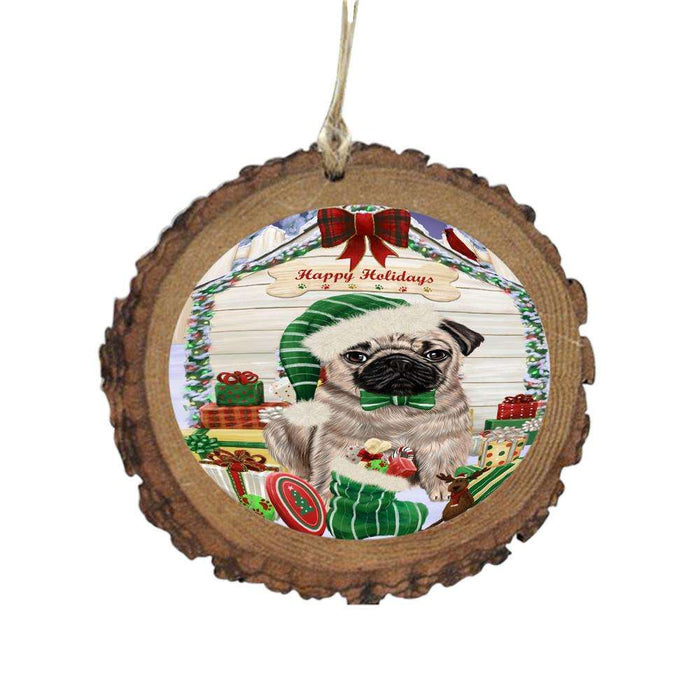 Happy Holidays Christmas Pug House With Presents Wooden Christmas Ornament WOR49927