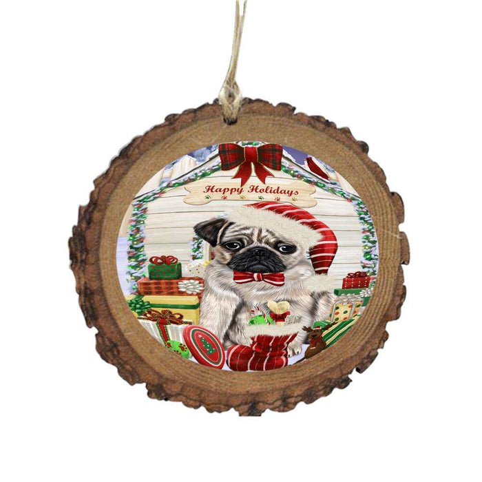Happy Holidays Christmas Pug House With Presents Wooden Christmas Ornament WOR49929