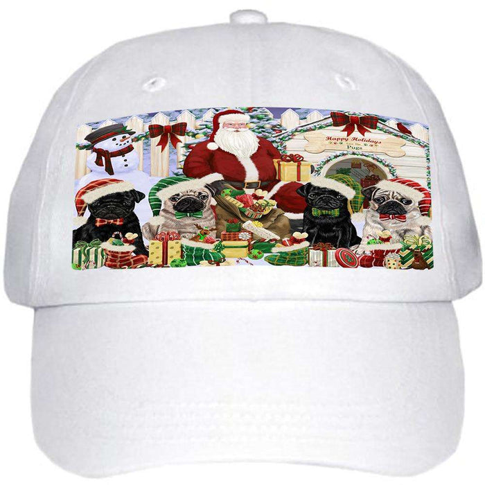 Happy Holidays Christmas Pugs Dog House Gathering Ball Hat Cap HAT58113