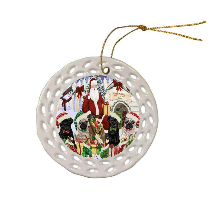 Happy Holidays Christmas Pugs Dog House Gathering Ceramic Doily Ornament DPOR51460