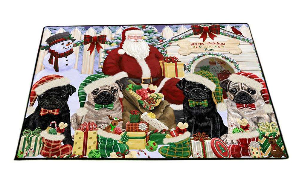 Happy Holidays Christmas Pugs Dog House Gathering Floormat FLMS51135