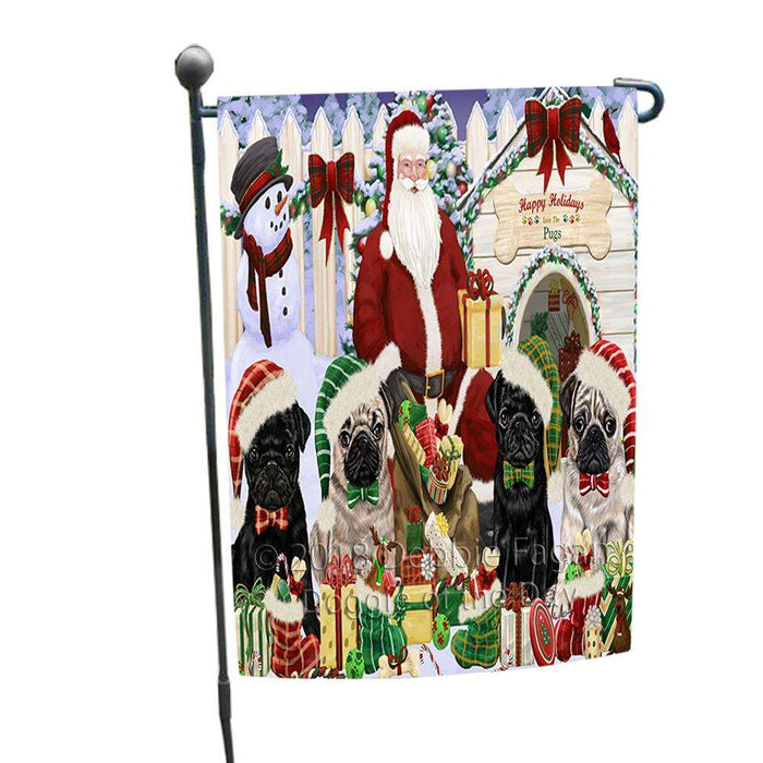 Happy Holidays Christmas Pugs Dog House Gathering Garden Flag GFLG51457