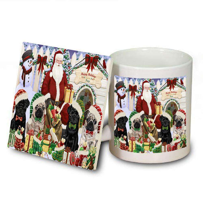 Happy Holidays Christmas Pugs Dog House Gathering Mug and Coaster Set MUC51452