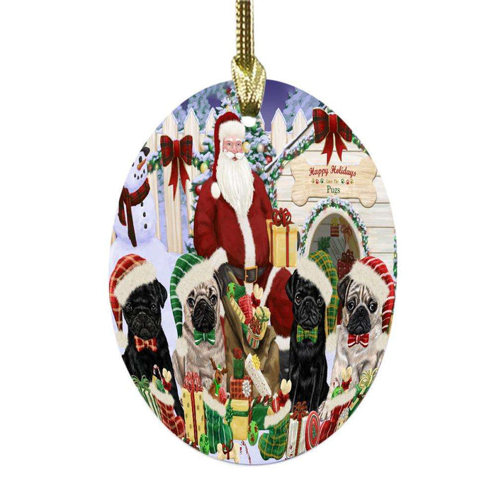 Happy Holidays Christmas Pugs Dog House Gathering Oval Glass Christmas Ornament OGOR49718