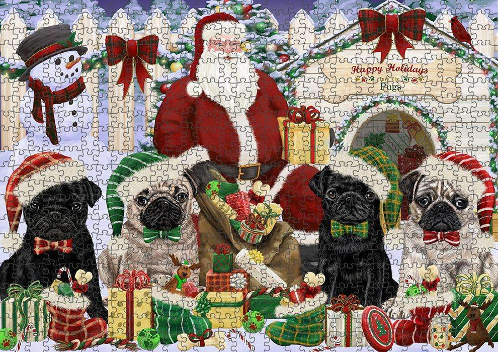 Happy Holidays Christmas Pugs Dog House Gathering Puzzle with Photo Tin PUZL58467