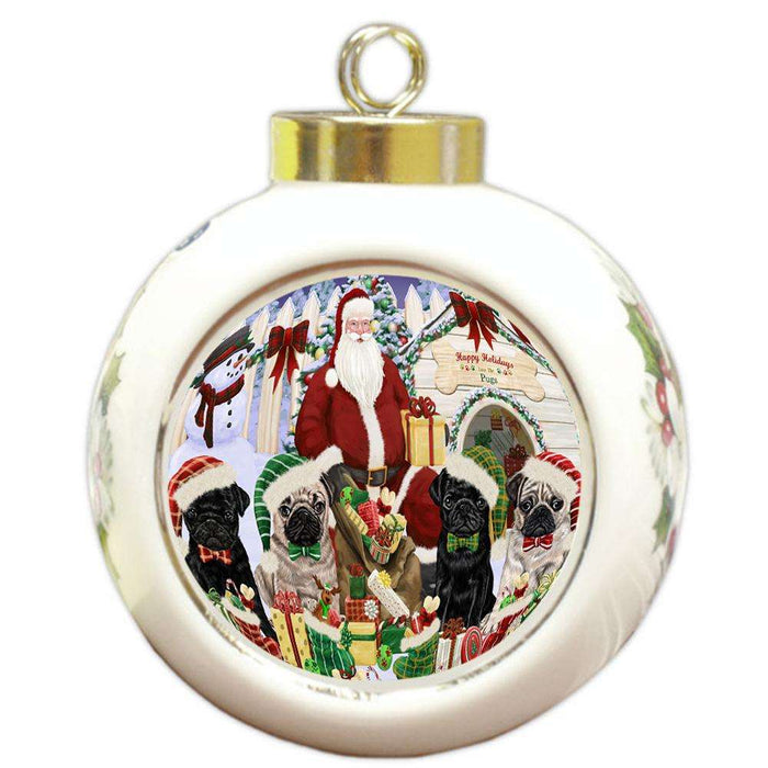 Happy Holidays Christmas Pugs Dog House Gathering Round Ball Christmas Ornament RBPOR51460