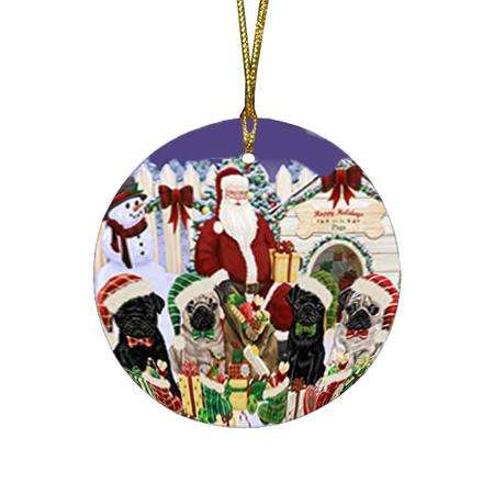 Happy Holidays Christmas Pugs Dog House Gathering Round Flat Christmas Ornament RFPOR51451
