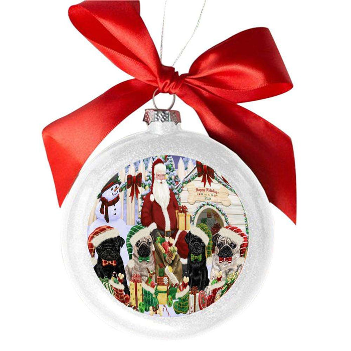 Happy Holidays Christmas Pugs Dog House Gathering White Round Ball Christmas Ornament WBSOR49718
