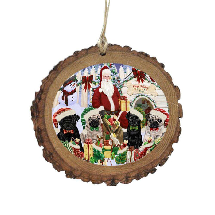 Happy Holidays Christmas Pugs Dog House Gathering Wooden Christmas Ornament WOR49718