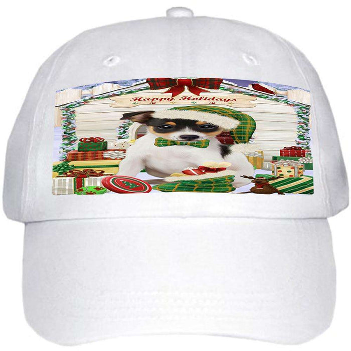 Happy Holidays Christmas Rat Terrier Dog House With Presents Ball Hat Cap HAT60273