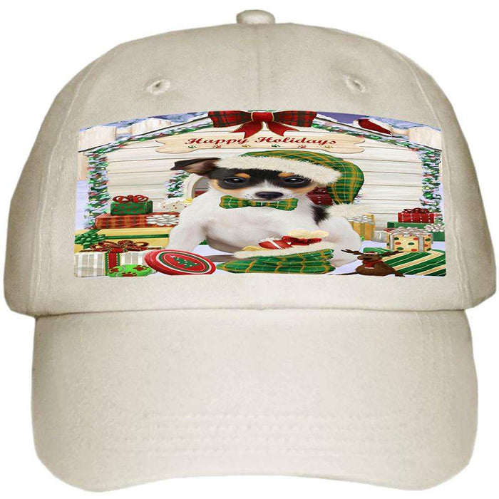 Happy Holidays Christmas Rat Terrier Dog House With Presents Ball Hat Cap HAT60273