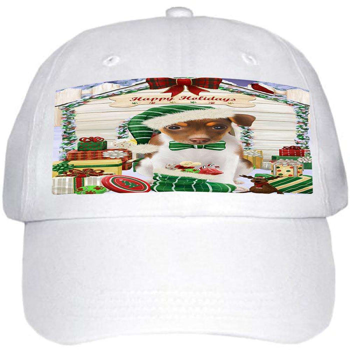 Happy Holidays Christmas Rat Terrier Dog House With Presents Ball Hat Cap HAT60276
