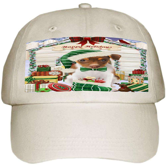 Happy Holidays Christmas Rat Terrier Dog House With Presents Ball Hat Cap HAT60276