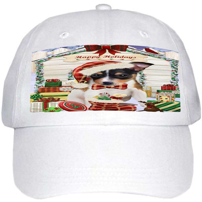 Happy Holidays Christmas Rat Terrier Dog House With Presents Ball Hat Cap HAT60279