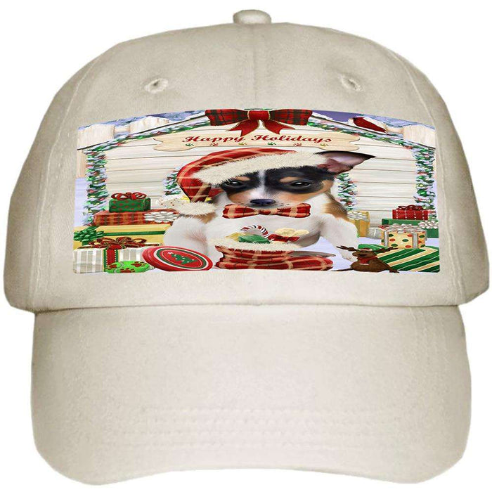 Happy Holidays Christmas Rat Terrier Dog House With Presents Ball Hat Cap HAT60279