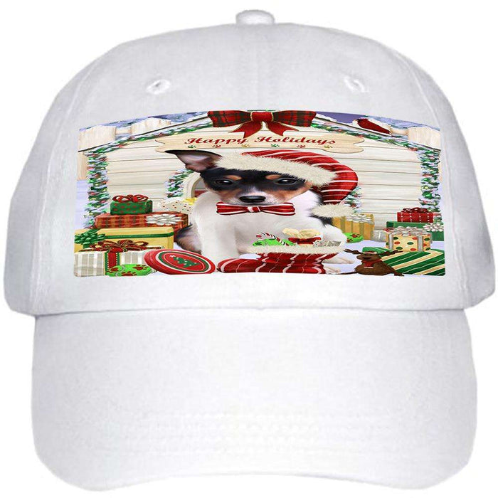 Happy Holidays Christmas Rat Terrier Dog House With Presents Ball Hat Cap HAT60282