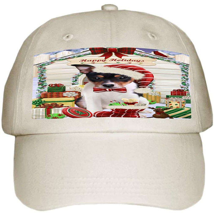 Happy Holidays Christmas Rat Terrier Dog House With Presents Ball Hat Cap HAT60282