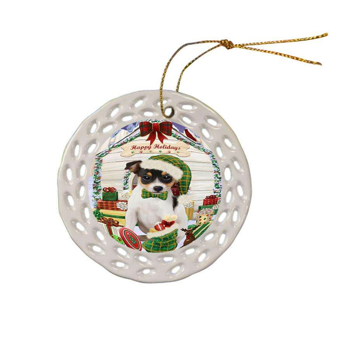 Happy Holidays Christmas Rat Terrier Dog House With Presents Ceramic Doily Ornament DPOR52128