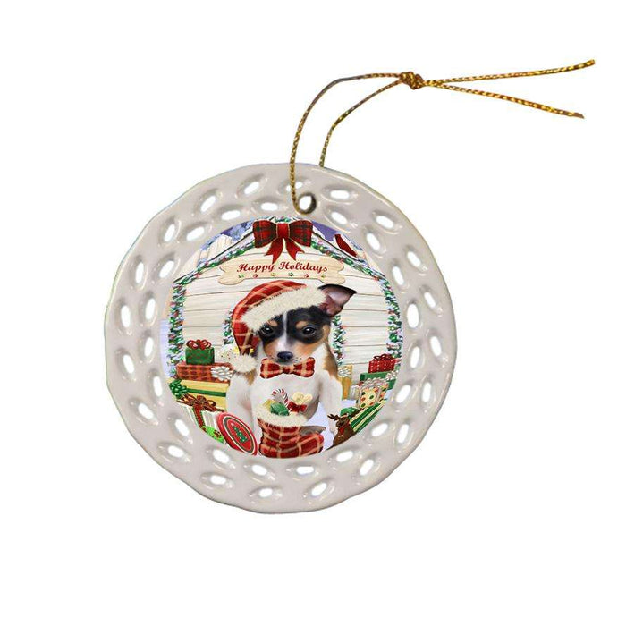 Happy Holidays Christmas Rat Terrier Dog House With Presents Ceramic Doily Ornament DPOR52130
