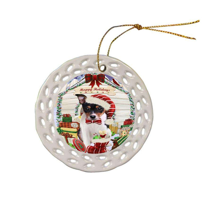 Happy Holidays Christmas Rat Terrier Dog House With Presents Ceramic Doily Ornament DPOR52131