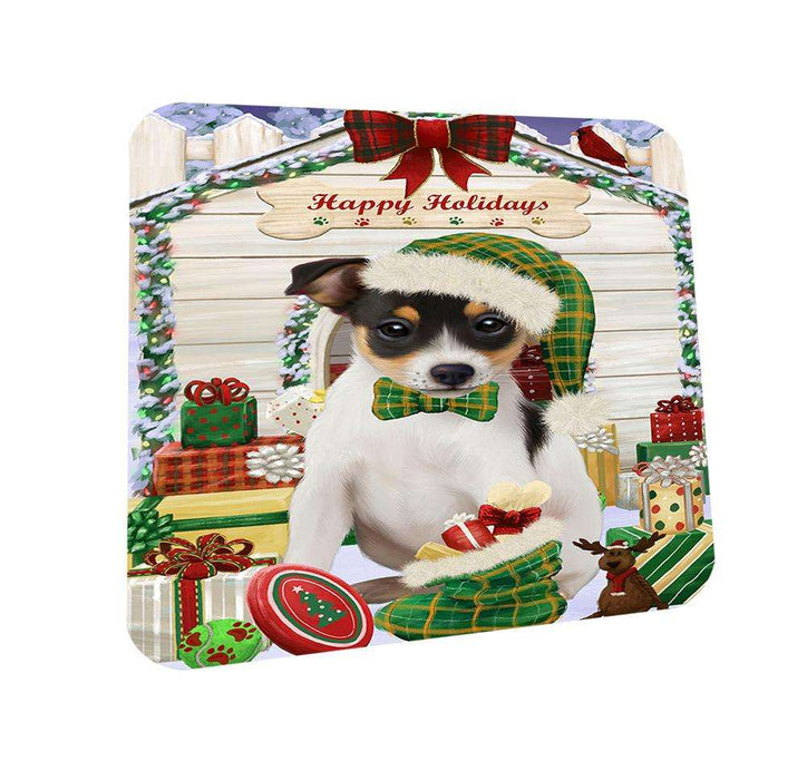 Happy Holidays Christmas Rat Terrier Dog House With Presents Coasters Set of 4 CST52087