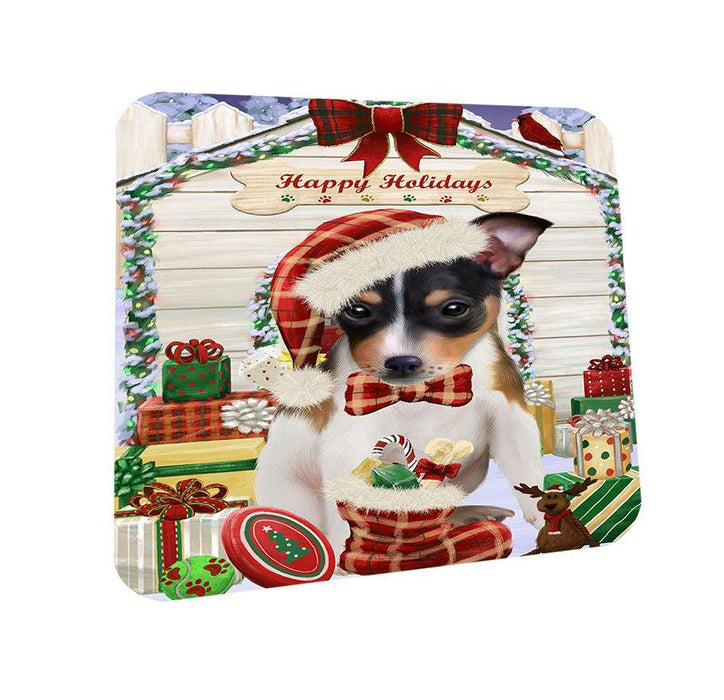Happy Holidays Christmas Rat Terrier Dog House With Presents Coasters Set of 4 CST52089