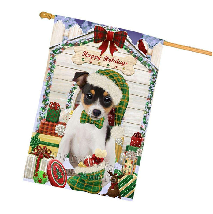 Happy Holidays Christmas Rat Terrier Dog House With Presents House Flag FLG52261