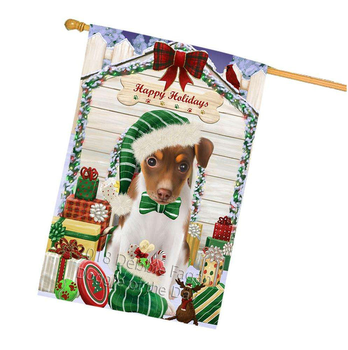 Happy Holidays Christmas Rat Terrier Dog House With Presents House Flag FLG52262