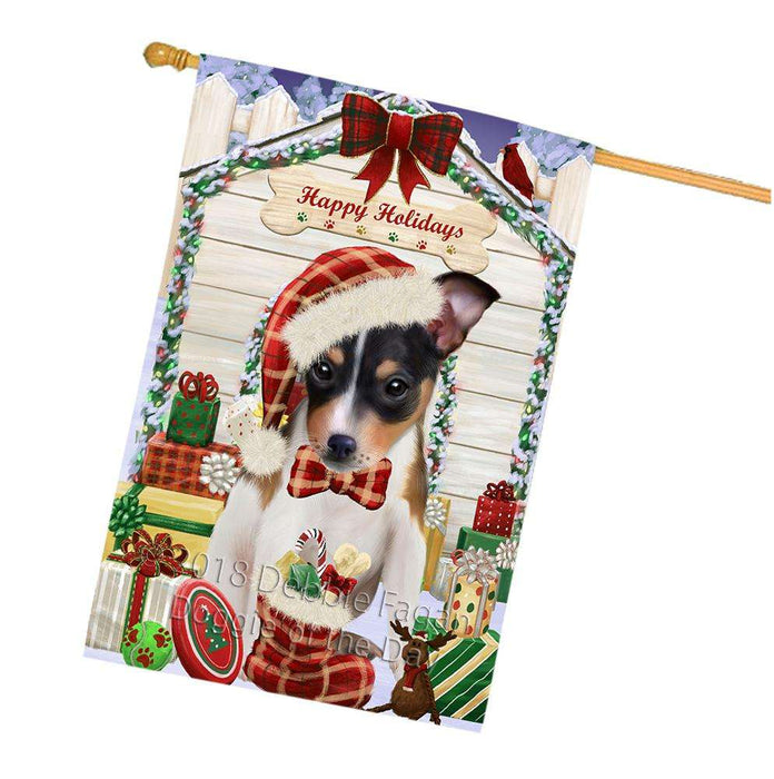 Happy Holidays Christmas Rat Terrier Dog House With Presents House Flag FLG52263