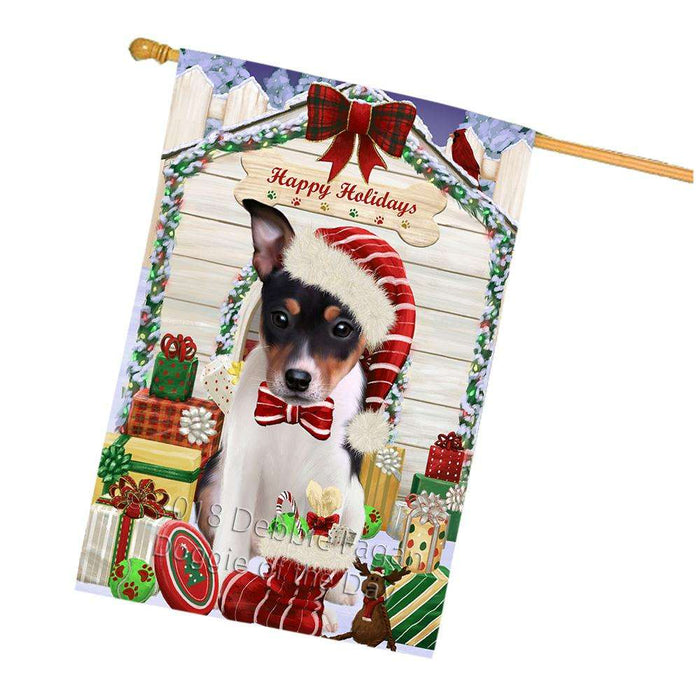 Happy Holidays Christmas Rat Terrier Dog House With Presents House Flag FLG52264