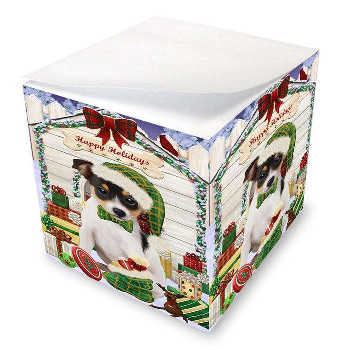 Happy Holidays Christmas Rat Terrier Dog House With Presents Note Cube NOC52128