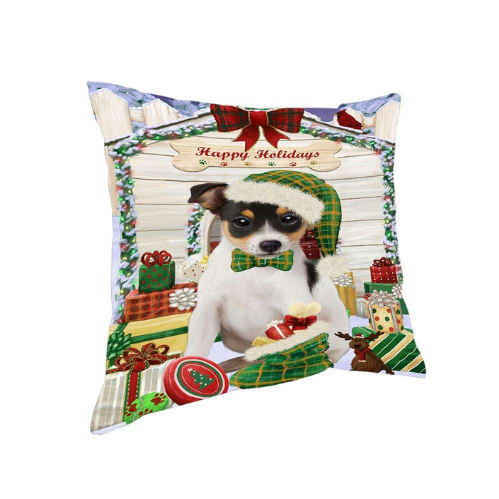Happy Holidays Christmas Rat Terrier Dog House With Presents Pillow PIL64876