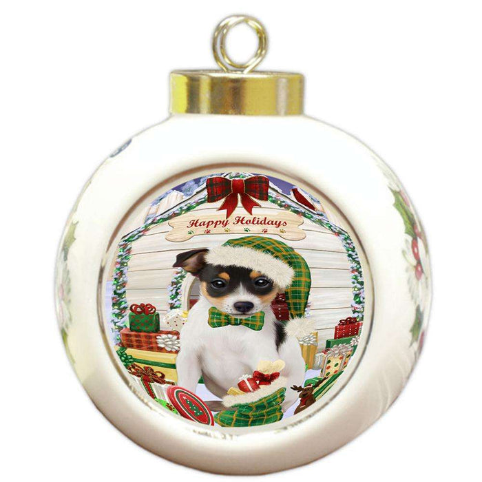 Happy Holidays Christmas Rat Terrier Dog House With Presents Round Ball Christmas Ornament RBPOR52128