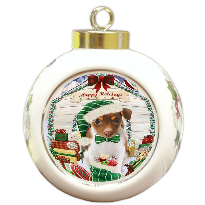 Happy Holidays Christmas Rat Terrier Dog House With Presents Round Ball Christmas Ornament RBPOR52129