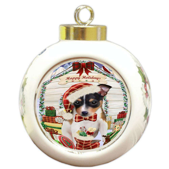 Happy Holidays Christmas Rat Terrier Dog House With Presents Round Ball Christmas Ornament RBPOR52130