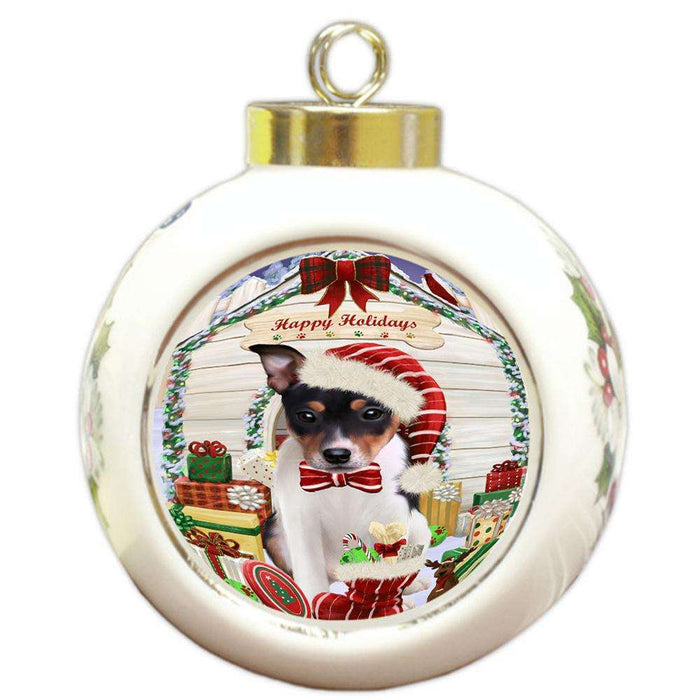 Happy Holidays Christmas Rat Terrier Dog House With Presents Round Ball Christmas Ornament RBPOR52131